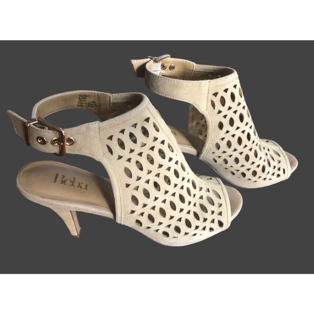 Womens REBA High heels sling back size 6 HADDIEE CREAM‎ IVORY Laser Cut Suede